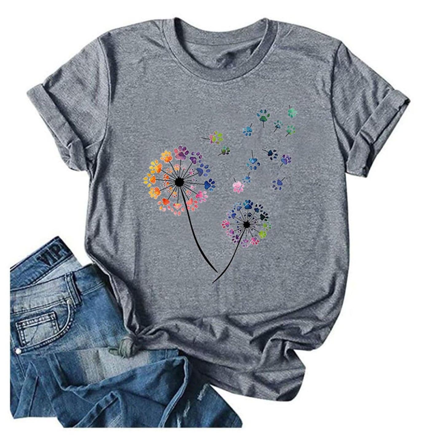 Anbech Womens Dandelion Graphic Cotton Tshirts Loose Fit Cute Paw Print Casual Tee Tops (Grey, 2XL)