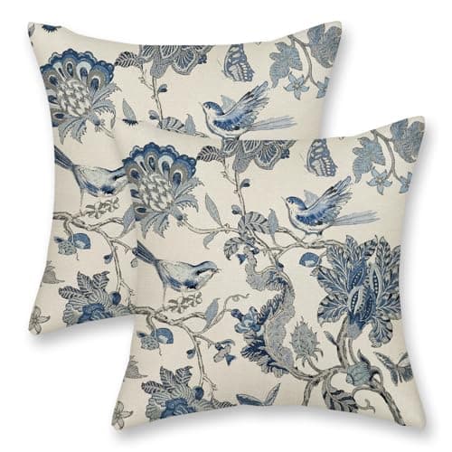 DAFENA Chinoiserie Pillow Covers 18x18 Inch 2 Pcs Spring Navy Blue Floral Birds Decor Throw Pillows Vintage Flower Seasonal Outdoor Indoor Decoration Pillowcase Linen Cushion Cover for Couch Sofa Bed