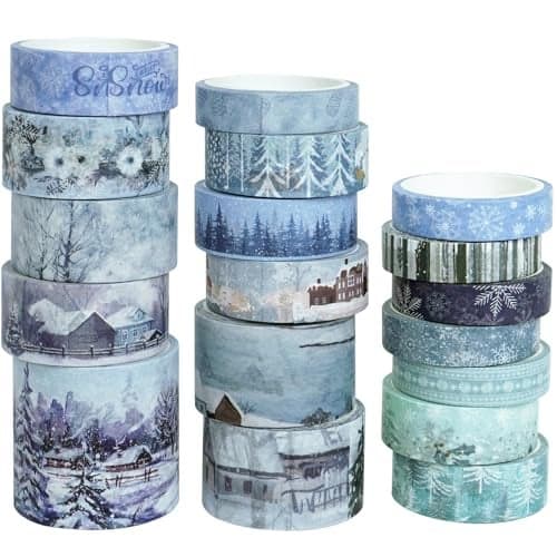 YUBX Winter Washi Tape Set 18 Rolls Landscaping Snow Embellishment Blue White Decorative Masking Tapes for Arts DIY Crafts Journals Planners Scrapbook Wrapping