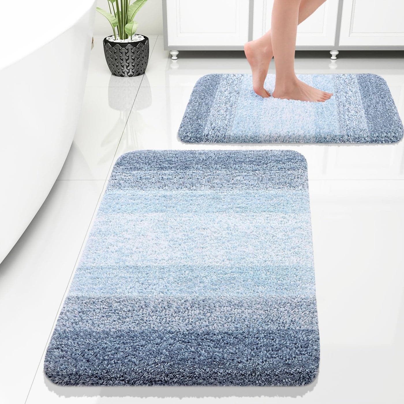 OLANLY Bathroom Rug Set 2 Piece Soft Absorbent Microfiber Bath Rug Set NonSlip Machine Wash Dry Plush Shaggy Bath Mats for Bathroom 30x2024x16 Blue