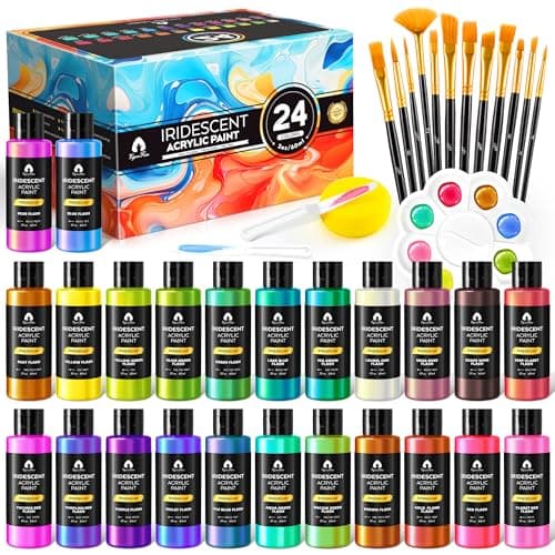 40 Pcs Iridescent Acrylic Paint Set with 12 Brushes 2 Knives Palette 24 Colors 2oz60ml for Adults Artists Beginners Canvas Ceramic Rock Wood Egg Painting Kit