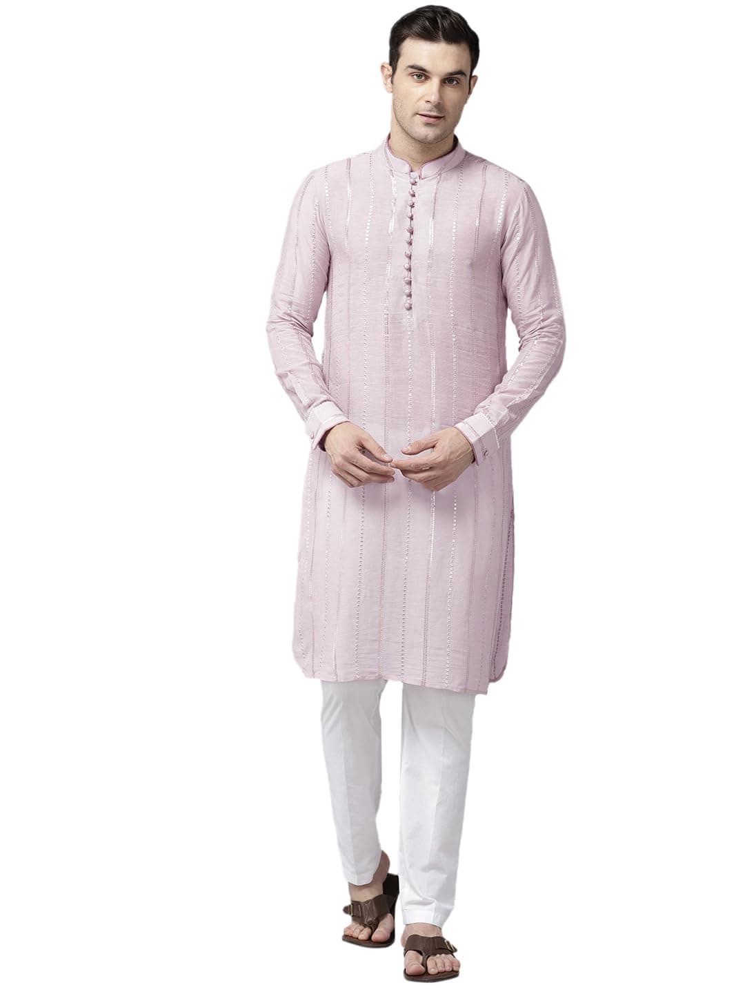 See Designs Pink & White Regular Fit Kurta Set Mandarin Collar Long Sleeves_SDMSKT128301XXL