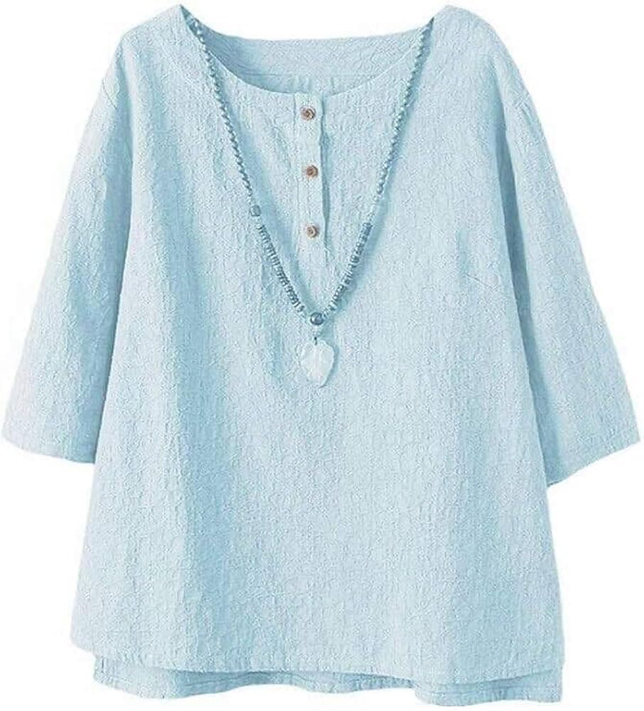 Minibee Women's 3/4 Sleeve Cotton Linen Jacquard Blouses Top T-Shirt (L, Blue)