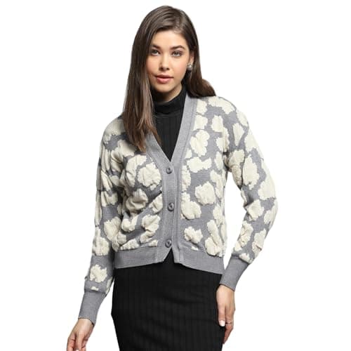 Monte Carlo Womens Self Design Grey V Neck Full Sleeve Cardigan_1243603VN-1