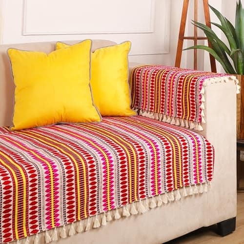 STITCHNEST Woven 2 Seater Sofa Protector with 2 Hand Rest Covers – Red & White Stripe Design – Washable Fabric with Tassels – Stylish Sofa Cover for Modern Living Room & Furniture Décor