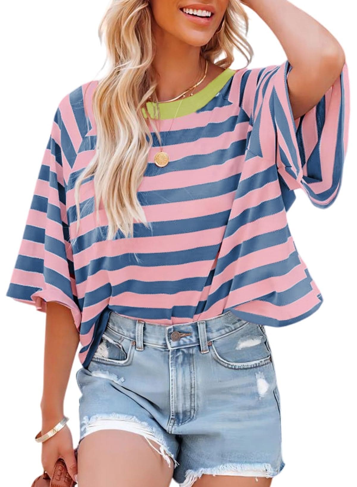 Dokotoo Summer Womens Tops for Women Cute Crop Tops 2025 Fall Striped Short Sleeve Shirts Women's Clothes Clothing Blouses Dressy Casual Fashion Trendy Oversized Tshirts Tee Cruise Outfits