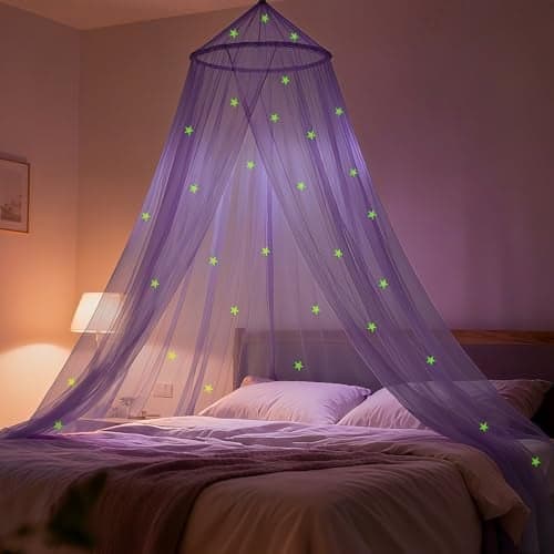 LionLively Purple Bed Canopy for Girls with Glow-in-The-Dark Stars, Princess Canopy Curtains Fits Single, Twin, Full, Queen Size Bed, Bedroom Accessories, Ceiling Tent