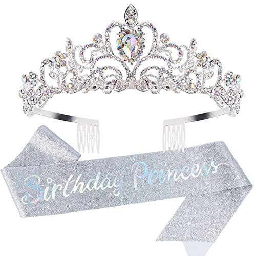 Princess Crown Happy Birthday Tiara Girl Sash for Women Cake Popper Birthday Party Decorations for Women Headband Accessories