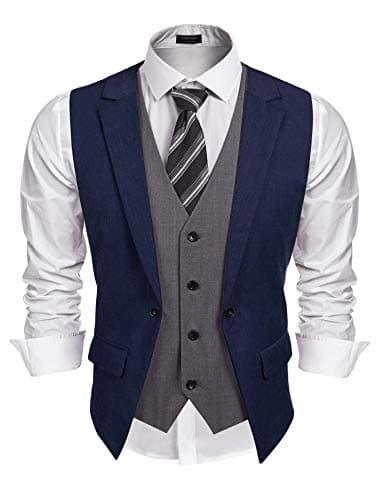 COOFANDY Men's Layered Suit Vest Business Dress Vests Formal Wedding Waistcoat Slim Fit Navy