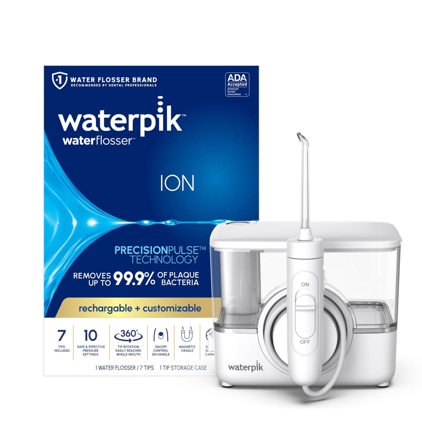 Waterpik ION Professional Water Flosser, Rechargeable and Portable for Teeth, Gums, Braces, 10 Settings, 7 Flossing Tips For Multiple Users And Needs, ADA Accepted, WF-12 White, Packaging May Vary