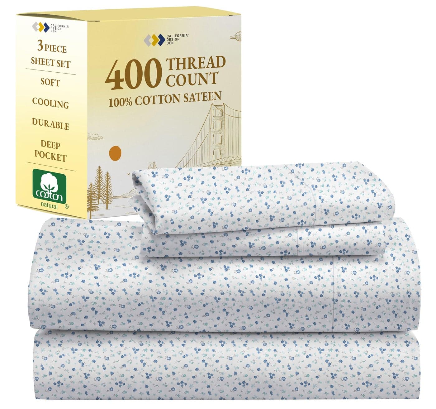 California Design Den Deep Pocket Twin Sheets Set 400 Thread Count Sateen Natural 100 Cotton Sheets Cooling and Durable Bedding Set Blooming Meadows