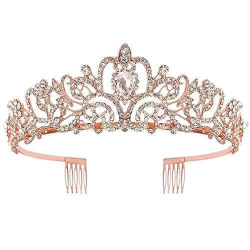 Shining Diva Fashion Crystal Tiara and Crown for Women Stylish Headband Crowns with Comb Tiaras for Girls Kids Queen Princess Wedding Bridal Birthday Gift Hair Accessories (Rose Gold) (15414hb)