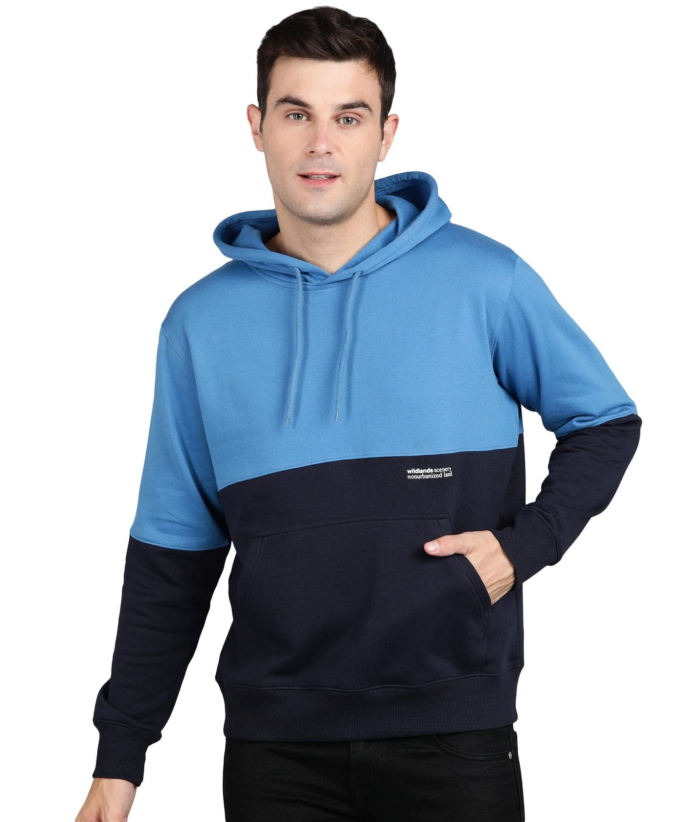 Alan Jones Clothing Men's Colorblock Cotton Regular Fit Hooded Sweatshirt (Blue_XL)