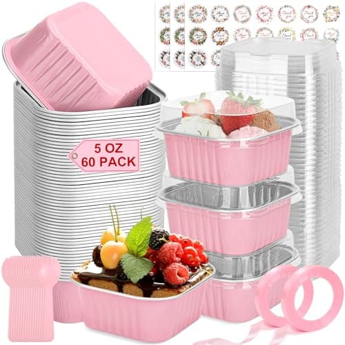 60 Pack Mini Cake Pans with Lids and Spoons 5oz Square Aluminum Foil Loaf Pans Pink Small Cake Tins Disposable Baking Pans Dessert Cupcake Cups with Ribbon Decals for Wedding Birthday Party Picnics