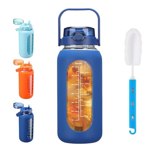 SIEROZUR 64oz Glass Water Bottle with 2-in-1 Straw Lid Large Half Gallon Water Bottle with Time Marker & Removable Silicone Sleeve,Wide Mouth BPA-Free Borosilicate Bottle for Gym, Workout & Daily Use