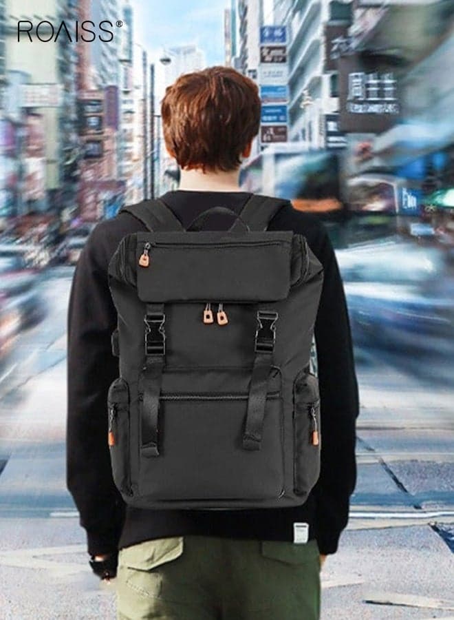 Men's Large Capacity Backpack, Water Resistant Double Shoulder Backpack with Drawstring Cuff, Light Weight Travel Bag for Hiking Outdoor Travel, Student Schoolbag with USB Charging, Computer Bag Business Commuting Grey