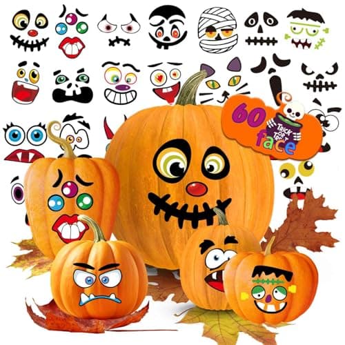 60 Pack Large Halloween Pumpkin Decorating Stickers Make 60 Pumpkin Face Stickers for Kids Toddlers Halloween Party Supplies Party Favors Trick or Treat Gifts