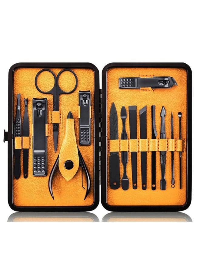 Professional Stainless Steel Nail Clipper Travel & Grooming Kit Nail Tools Manicure & Pedicure Set of 15pcs with Luxurious Case (Black/Yellow)