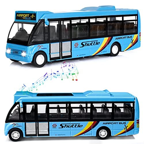 Crelloci City Bus Toys Cars DieCast Metal Airport Cars for Boy 38 Years Old Pull Back Blue Play Vehicle with Sound and Light Up for Kids Girls Gift