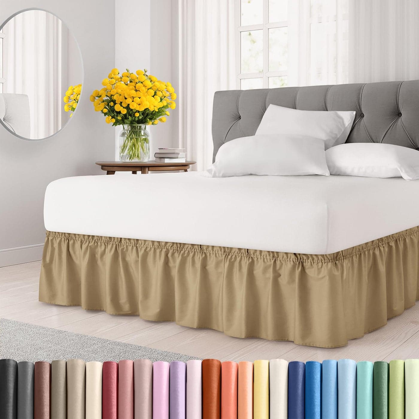 Wrap Around Dust Ruffle Bed Skirt Beige for Queen Size Beds with 15 Inch Drop Easy Fit Elastic Strap Adjustable Pleated Bedskirt wBrushed Fabric Wrinkle Free for Women Men Kids Teens