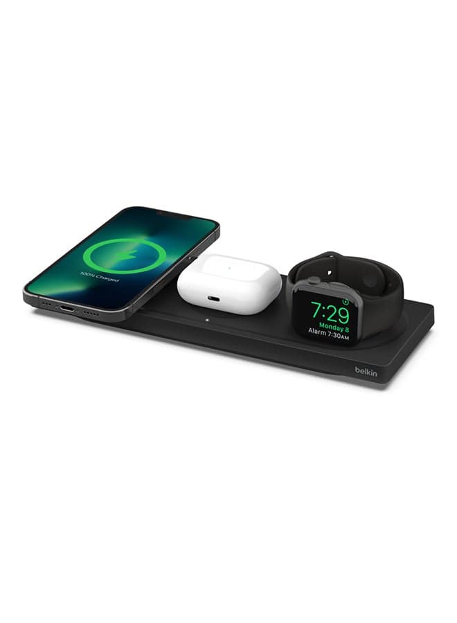 3-in-1 Magsafe Wireless Charging Station - MFi Certified Charger Pad For iPhone 15, 14, 13, 12 Series, Apple Watch 9, 8, 7, 6, Se, And Airpods 2, Pro, Ultra - Travel-friendly Black