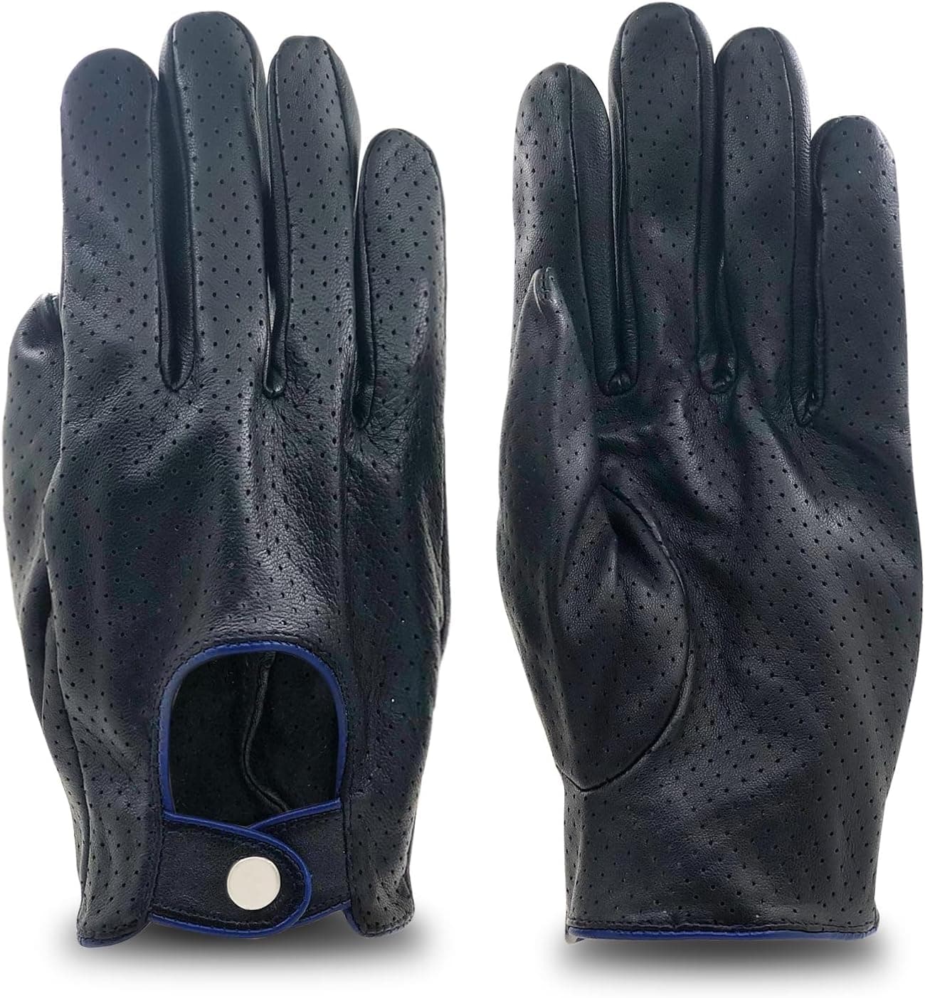 ZLUXURQ Men's Full Mesh Leather Driving Gloves - Soft and Thin Italian Lambskin, Black & Blue, X-Large