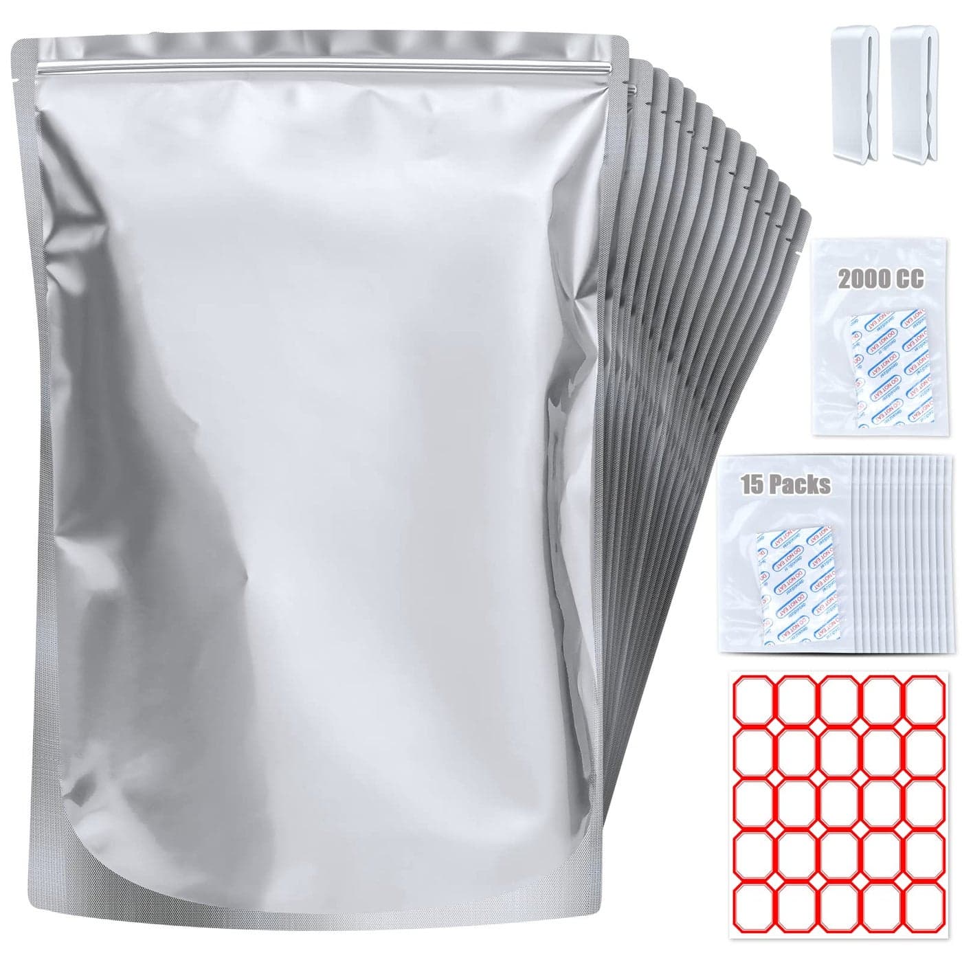 15 Pack 5 Gallon Mylar Bags with Oxygen Absorbers 105 Mil Mylar Bags for Food Storage with 15 Single Sealed 2000cc Oxygen Absorbers Labels Clips for Long Term Food Storage