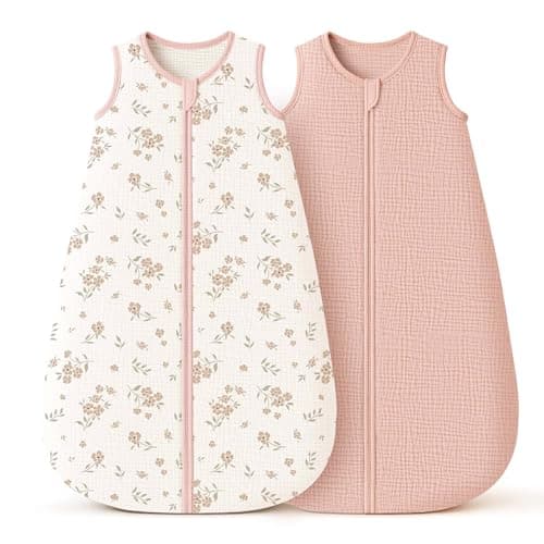 Konssy Muslin Baby Sleep Sack 12-18 Months 0.8 TOG, 2 Pack 100% Cotton Wearable Blanket for Babies, 2-Way Zipper Breathable Sleeping Sack Infant Toddler Essentials for Girls and Boys (Blossom, Pink)