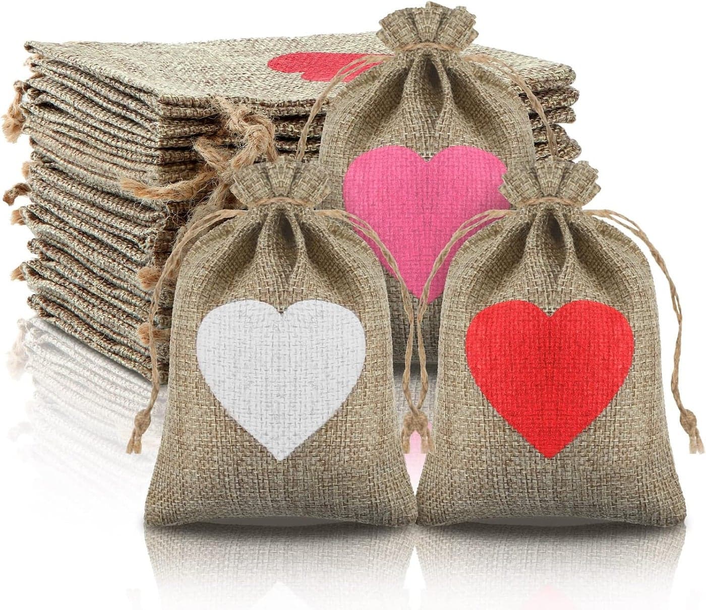 Riakrum 24 Pieces Valentines Day Heart Burlap with Drawstring Present Bags Burlap Bags 4 x 6 Inch Mini Rustic Pouches Small Party Favor Bags with 24 Tags and Rope for Wedding Party Bridal Shower
