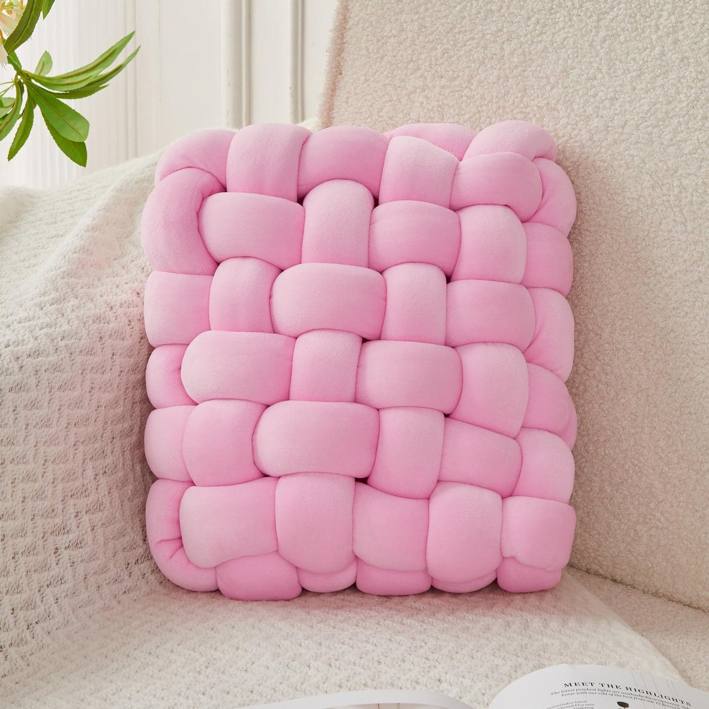JELLYMONI Pink Square Knot Throw Pillow Small Size Home Decorative Pillow Decorative Ins Throw Pillow Soft Velvet Knotted Decor for Room and Couch S 11811835 Pink