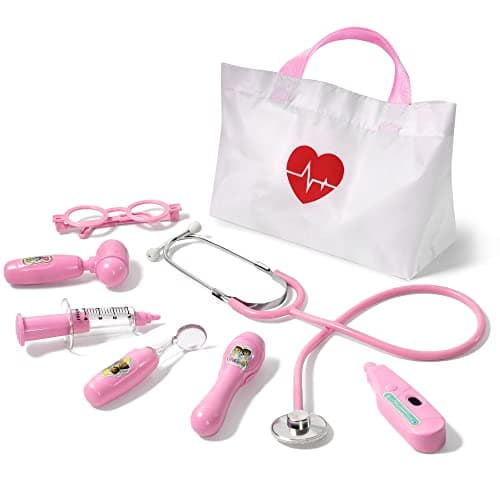 Phobby Kids Doctor Kit 8 Pieces Toddlers Doctor Playset with Medical Storage Bag Real Stethoscope Pretend Play Doctor Toys Birthday Gift for Boys Girls Aged 3 4 5 6 Pink