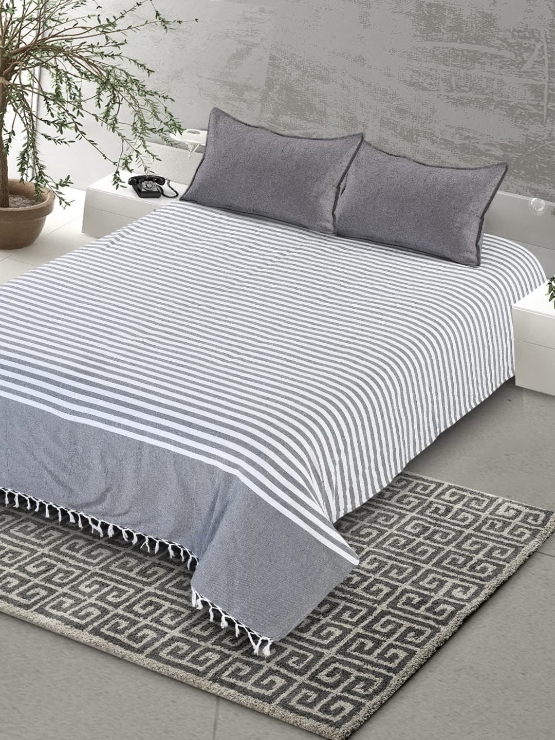 SARAL HOME EASY LIVING Soft Cotton 150 TC Even Striped Breathable & Wrinkle Free Bedsheet for Double Bed- 1 King Size Bedsheet with 2 Pillow Covers (Grey, 100"X108")