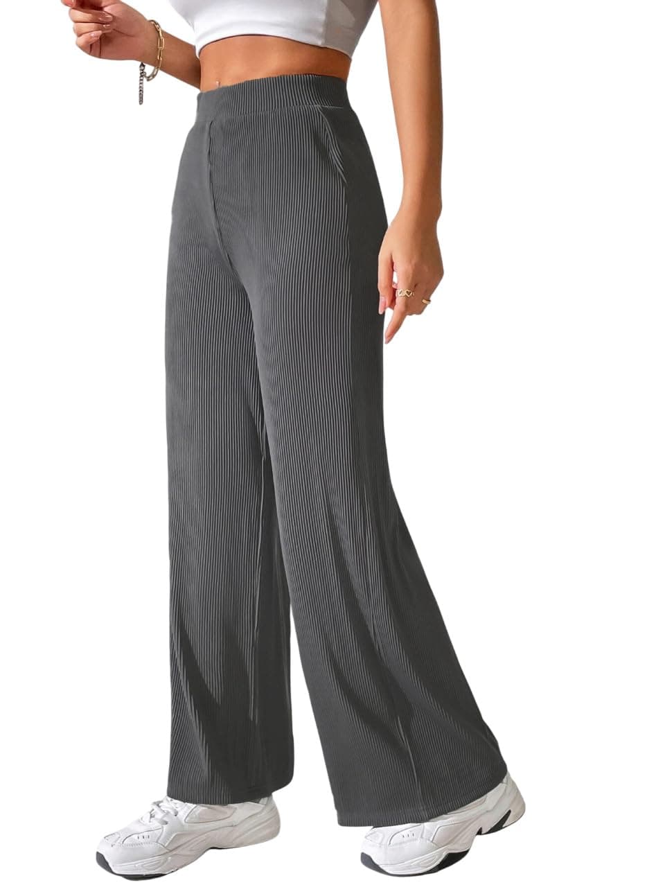 Preneum Women High Waist Korean Wide Leg Trousers, Loose Fit Casual Lounge Pants, Travel, Office & Streetwear Comfortable Stylish Bottom Wear (Available Plus Size) Grey