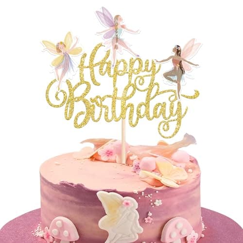 Rsstarxi 1 Pack Fairy Happy Birthday Cake Topper Floral Fairies Cake Pick Garden Fairy Cake Decorations for Fairy Theme Birthday Baby Shower Party Decorations Gold