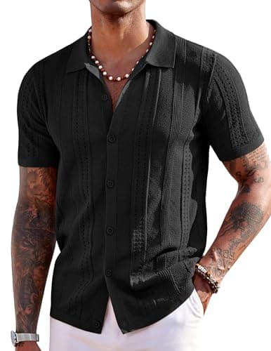 COOFANDY Men's Short Sleeve Knit Shirts Vintage Button Down Polo Shirt Casual Beach Tops, Black, XX-Large