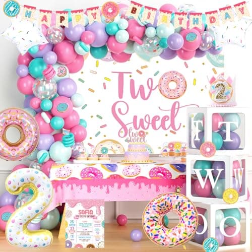 134 PCs Two Sweet Party Decorations Fiesec Donut Second Birthday Party Decorations Includes Latex Foil Balloons Backdrop Banner Cake Cupcake Toppers Tableware More