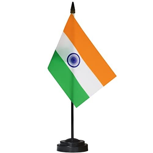 Anley India Deluxe Desk Flag Set - 6 x 4 Inch Miniature Indian Desktop Flag with 12" Solid Pole - Vivid Color and Fade Resistant - Black Base and Spear Top