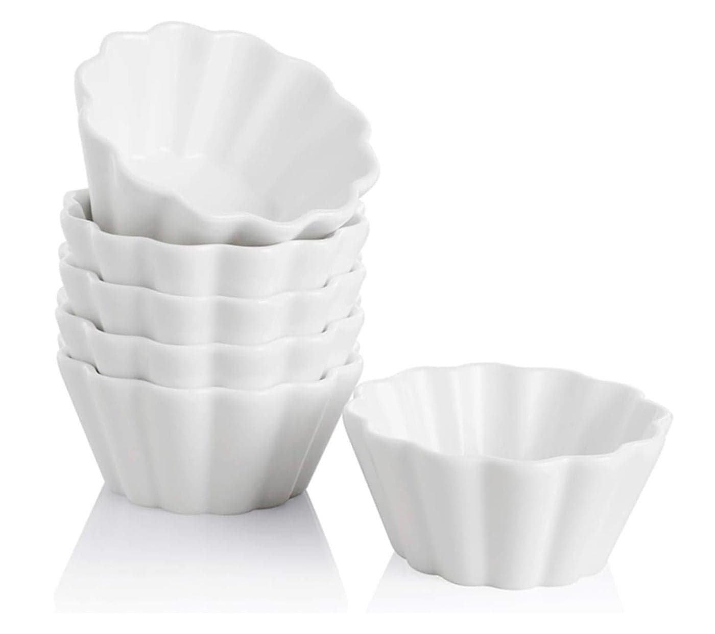 HOMIES Frill round, Oven Safe, Porcelain serving bowl Set, Ramekins Souffle, Custard Cups for Baking and Ice Cream Bowl, Cupcake Baking Cups, Ceramic Souffle Dishes for Muffin, Chocolates, Truffles, Pastries, Pudding, Set of 6, white