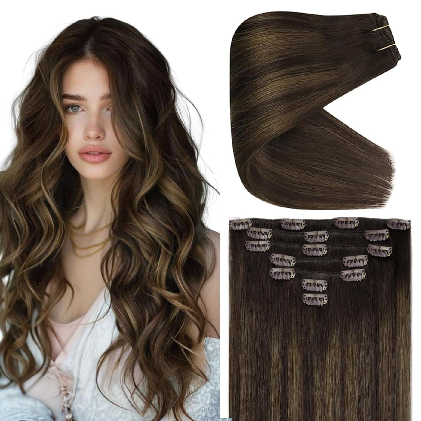 Ve Sunny Clip in Hair Extensions Brown Human Hair Extensions Clip in Balayage Dark Brown with Medium Brown Ombre Clip in Extensions Real Human Hair Brown Remy Hair 120g 7pcs 20inch