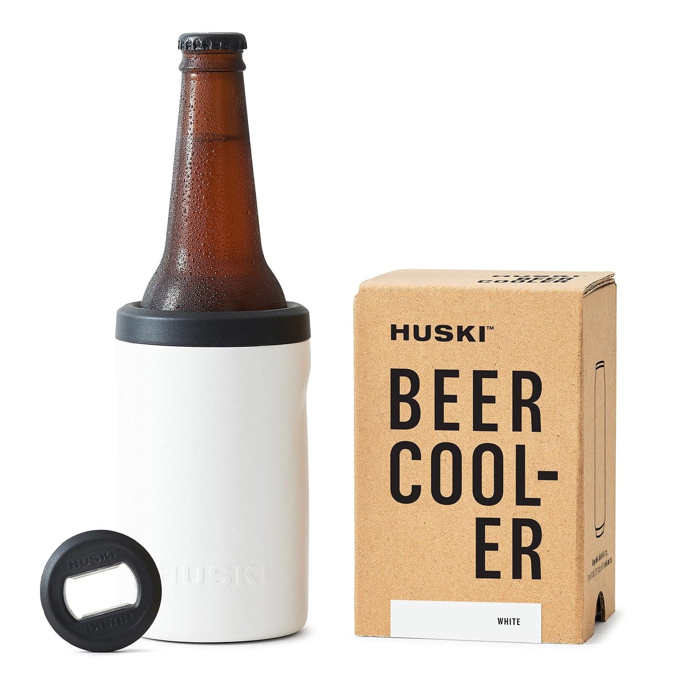 Huski Beer Cooler 20 NEW Premium Can and Bottle Holder Triple Insulated Marine Grade Stainless Steel Detachable 3in1 Opener Works as a Tumbler Best Gifts for Beer Lovers White