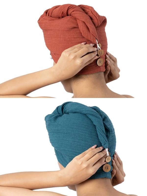 Doctor Towels, Banana Double Cloth Hair Towel, Pack of 2, Hair Wrap for Women, Towel for Long & Short Hair, Anti-Frizz Shower Hair Towels with Button, Quick-Drying Hair Cap (Terracotta & Teal)