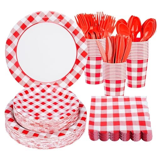 Purhapfre 175Pcs Red Gingham Party Supplies Gingham Paper Plates and Napkins Cups Plaid Party Plate Disposable Red and White Checkered Plates for Christmas Birthday Family Picnic BBQ ,Serves 25