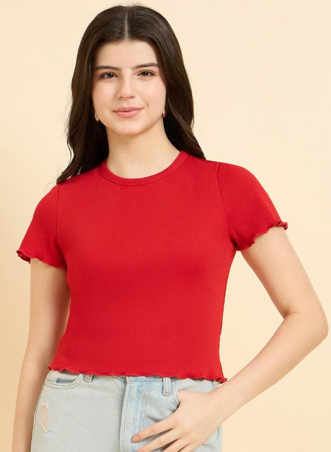Red Scallop Hem Ribbed Top