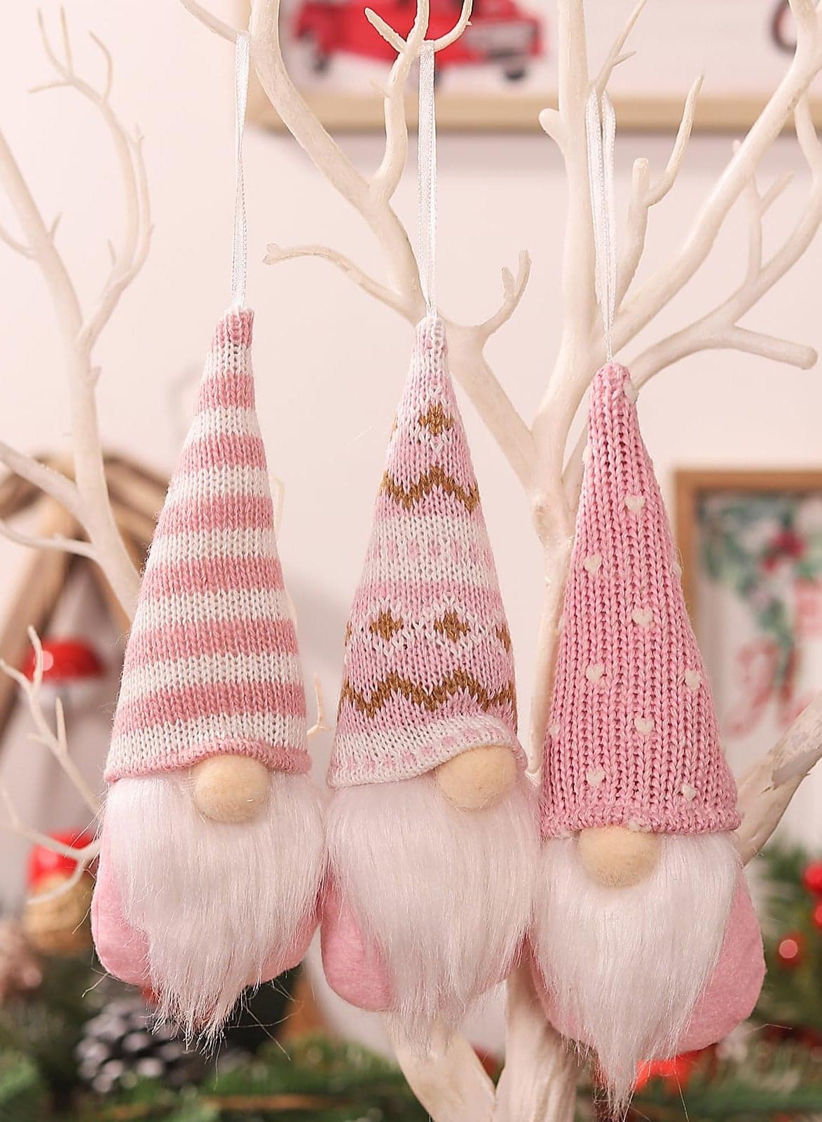 Christmas Hanging Gnomes Ornaments Set of 3 Hanging Christmas Gnomes Plush Decorations Handmade Gnome Dwarf Plush Elf for Tree Party Decor Christmas Decor (Pink)