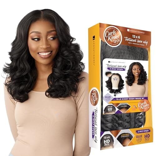 Sensationnel Curls Kinksandco Kinkyedges Wig Kinky Body Wave 18 Inch 13X6 Lace Frontal Natural Kinkytexture Edged Hairline for Natural 3C to 4C Hair Textures 1B OFFBLACK