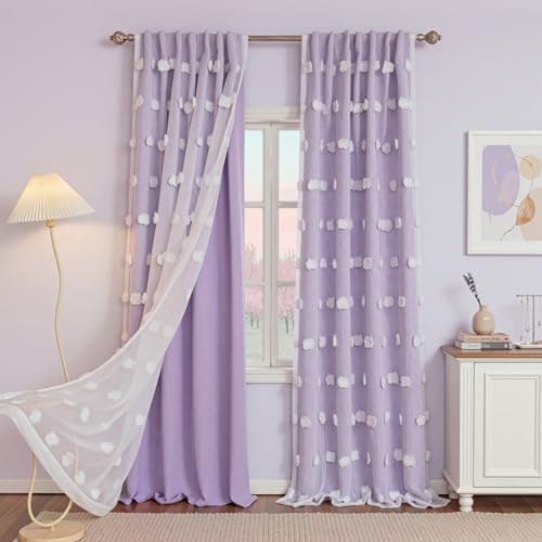 MYSKY HOME Lilac Curtains for Girls Bedroom Nursery Curtain with White Pom Pom Sheer Living Room Window Drapes Back Tab Room Darkening Double Layer 84 Inches Length 2 Panels, Light Purple, W52 X L84