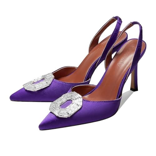 Vertundy Women's Purple Slingback Heels Rhinestone Pumps Pointed Toe Satin Crystal Stiletto High Heeled Sandals Party Wedding Bride Pump Dress Shoes