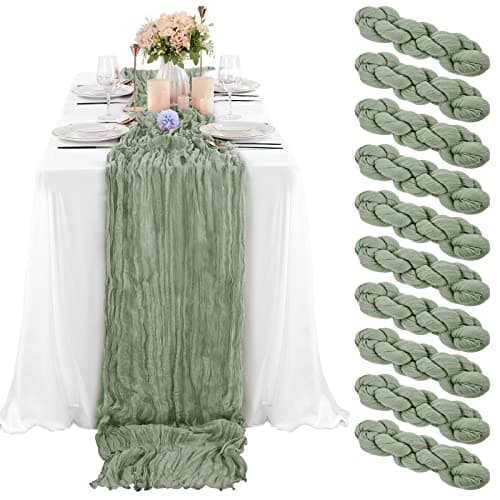10 Pcs Sage Green Cheesecloth Table Runner 10FT Gauze Table Runner for Wedding Reception Sheer Bridal Shower Birthday Party Boho Table Decoration Rustic Romantic Wedding Runner