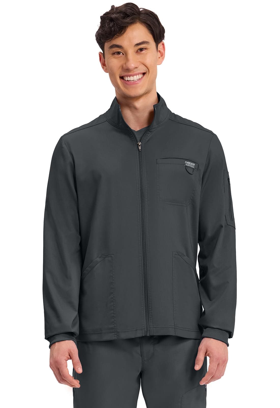 Cherokee Scrub Jacket Men's Zip Front Jacket with 5 Pockets, Bungee Loop, Rib-Knit Cuffs, Soft 2-Way Stretch Fabric Plus Size - WW320, 4XL, Black