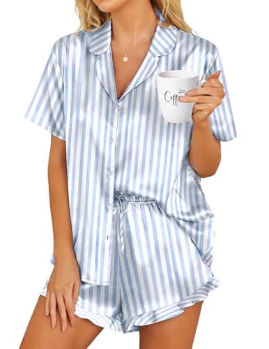 HOTOUCH Womens Silk Satin Pajamas Set Button Down Short Sleeve Sleepwear Set 2 Piece Ruffled Pjs Blue Striped, M